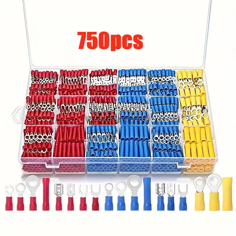 750pcs Electrical Wire Crimp Connector Kit - Insulated Spade, Butt, Ring, Fork, Ring Lugs & Rolled Terminals