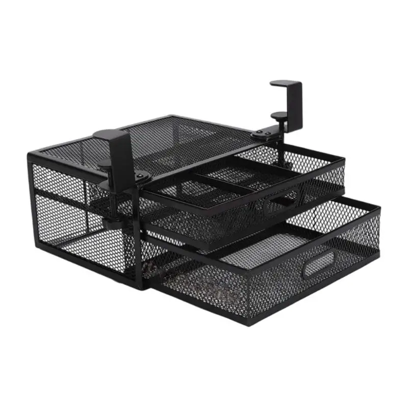 E8BD Under Desk Sliding Storage Drawer Double Layer Metal Frame Basket Practical Two Tiers for Office Home Use