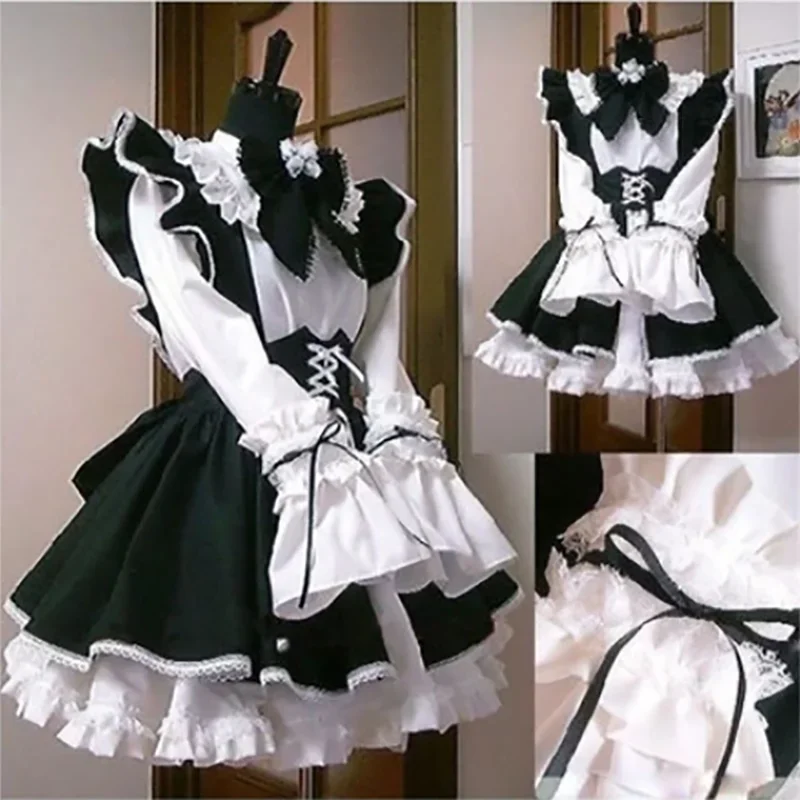 Women Men Maid Outfit Lolita Cosplay Cute Sexy Erotic Kawaii Cafe Costume Black White Men Uniform Apron Dress Cute Bowknot