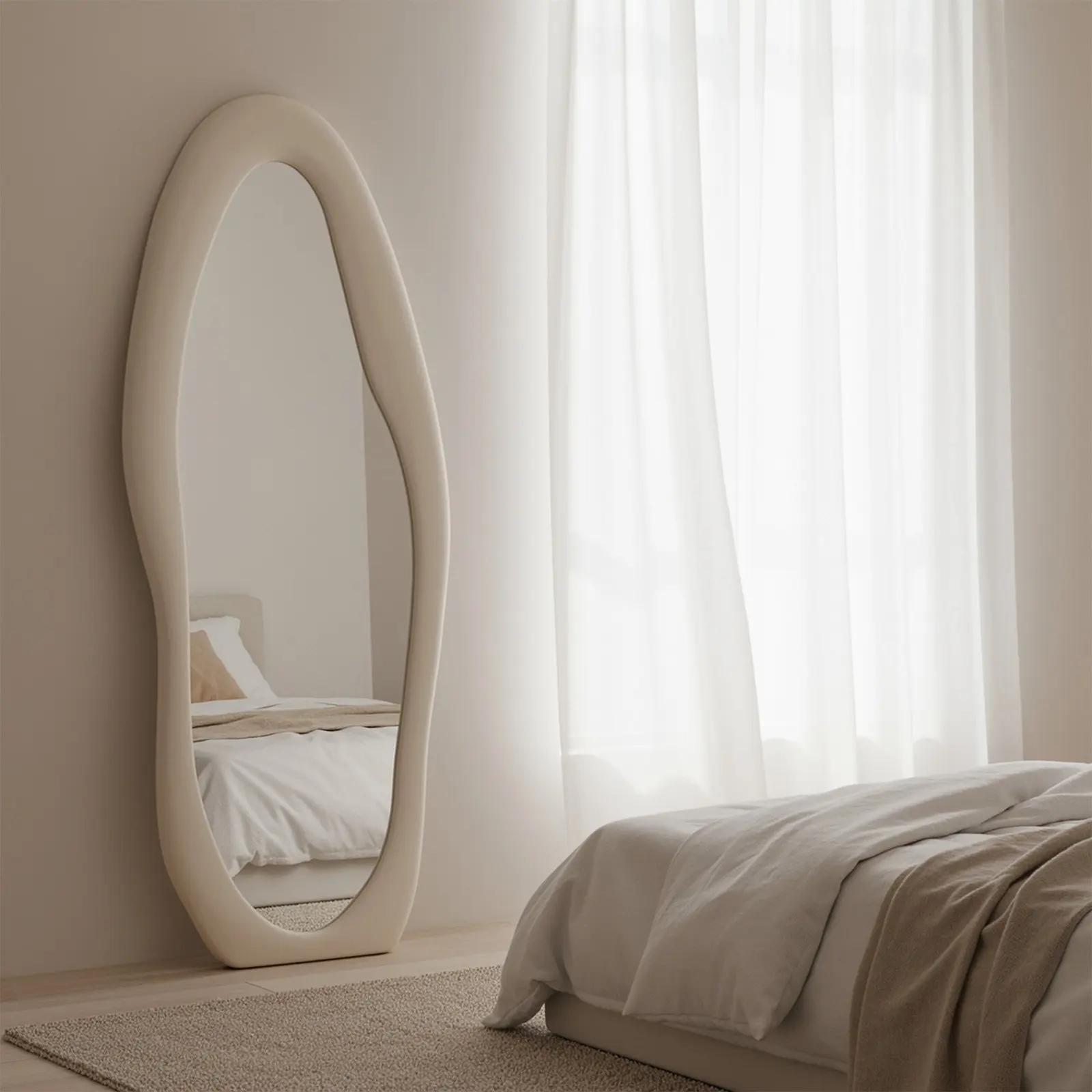 Full Length Mirror 160x60cm Irregular Wavy Mirror with Flannel Wrapped Wood Frame Floor Mirror for Living Room, Bedroom Standing