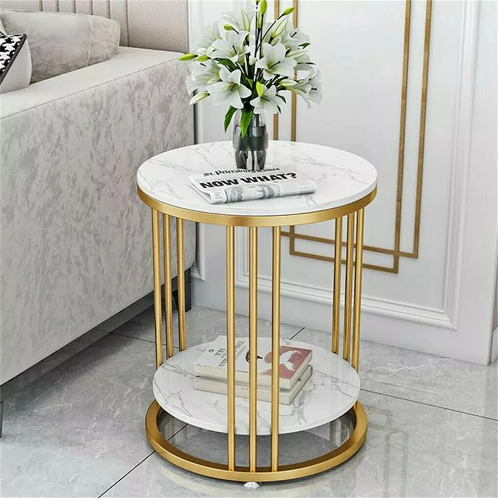 2 Tiers Round Sofa Side Table Sintered Stone Gold Metal Frame End Table Marble Accent Coffee Table Nightstand