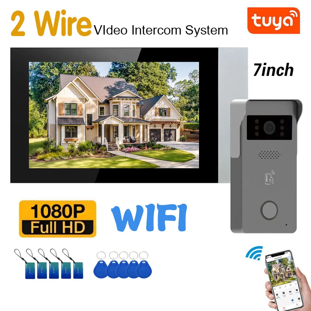 2 Wire Home Wifi Video Doorbell System 1080P Doorphone Door Camera 7Inch Touch Screen Video Intercom 2 Way Audio TUYA APP Unlock