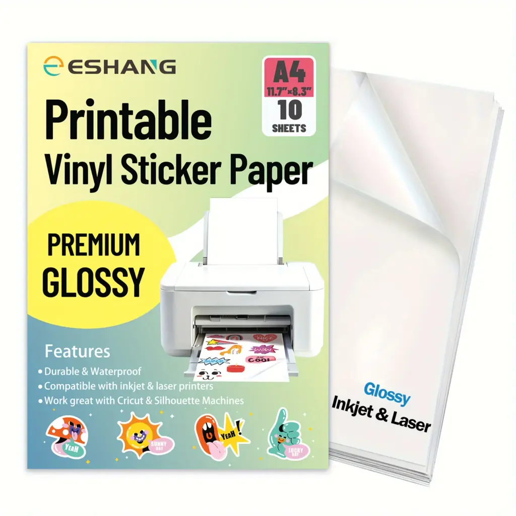 10 Sheets A4 Glossy Vinyl Sticker Sheets 8.3 x 11.7 inch Self-adhesive Waterproof Label Compatible with Inkjet & Laser Printers