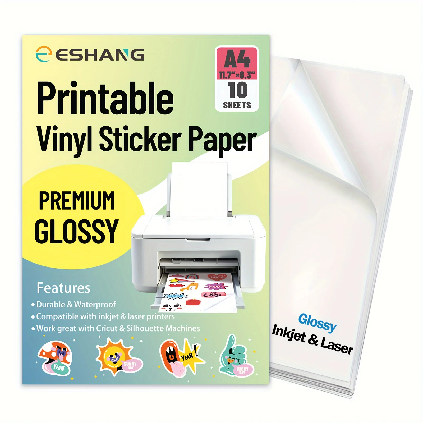 10 Sheets A4 Glossy Vinyl Sticker Sheets 8.3 x 11.7 inch Self-adhesive Waterproof Label Compatible with Inkjet & Laser Printers