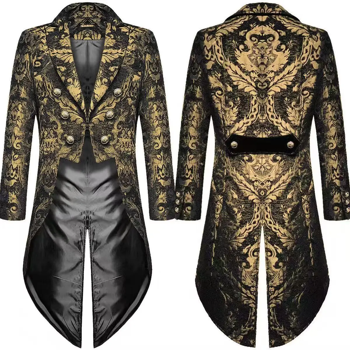 Gothic Style European Medieval Steampunk Coat Men's Black Gold Mid-length Tailcoat Halloween Vampire Witch Cosplay Dress Male
