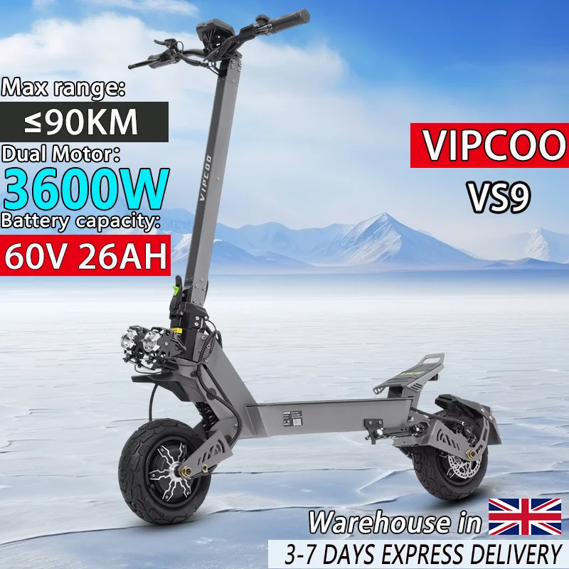 VIPCOO VC-VS9 Foldable Electric Scooter 3600W Dual Motor 60V26AH Battery Dual Charging Ports 11 In Tires Adult Off-Road Escooter