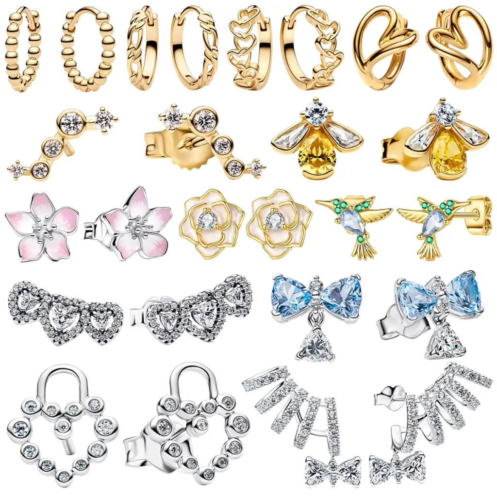 925 Silver Romantic Gem Golden Flower Cherry Blossom Enamel Bee Wings twisted Stud Earrings Dragonfly Hoops Sexy for Women Gift