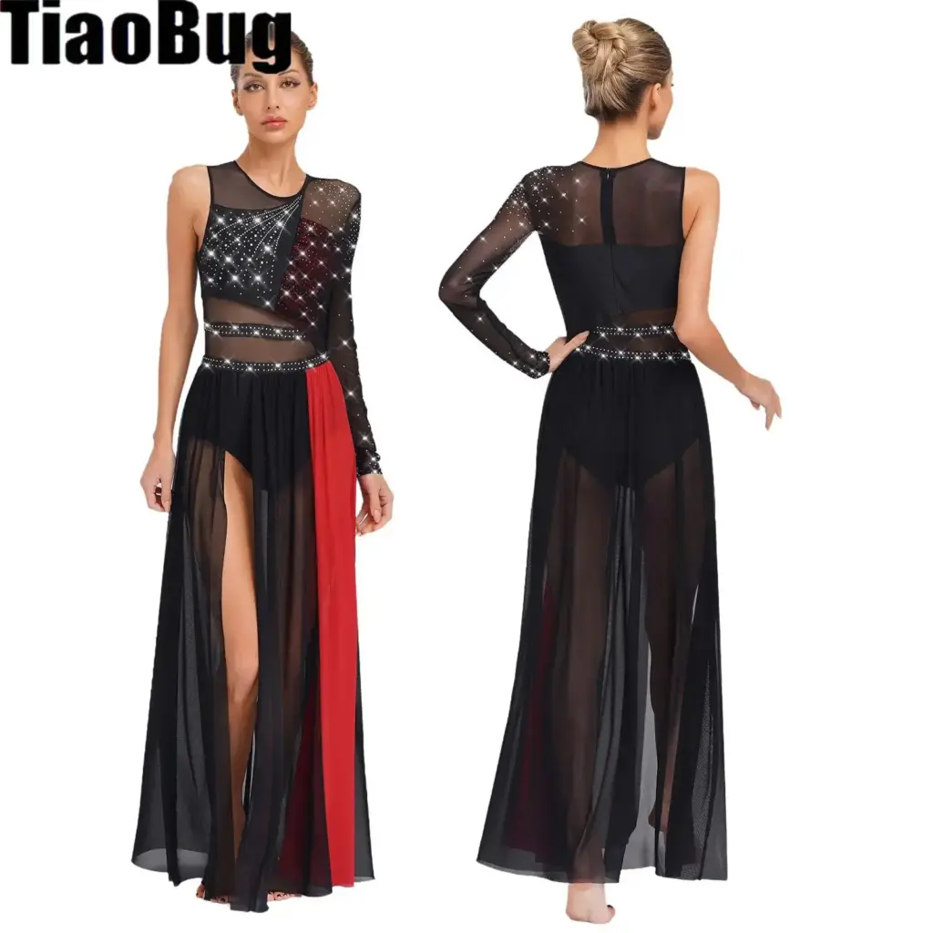 Women Modern Lyrical Dance Dress Side Split Sheer Mesh Rhinestones Ballet Gymnastics Leotards Skating Contemporary Dancewear