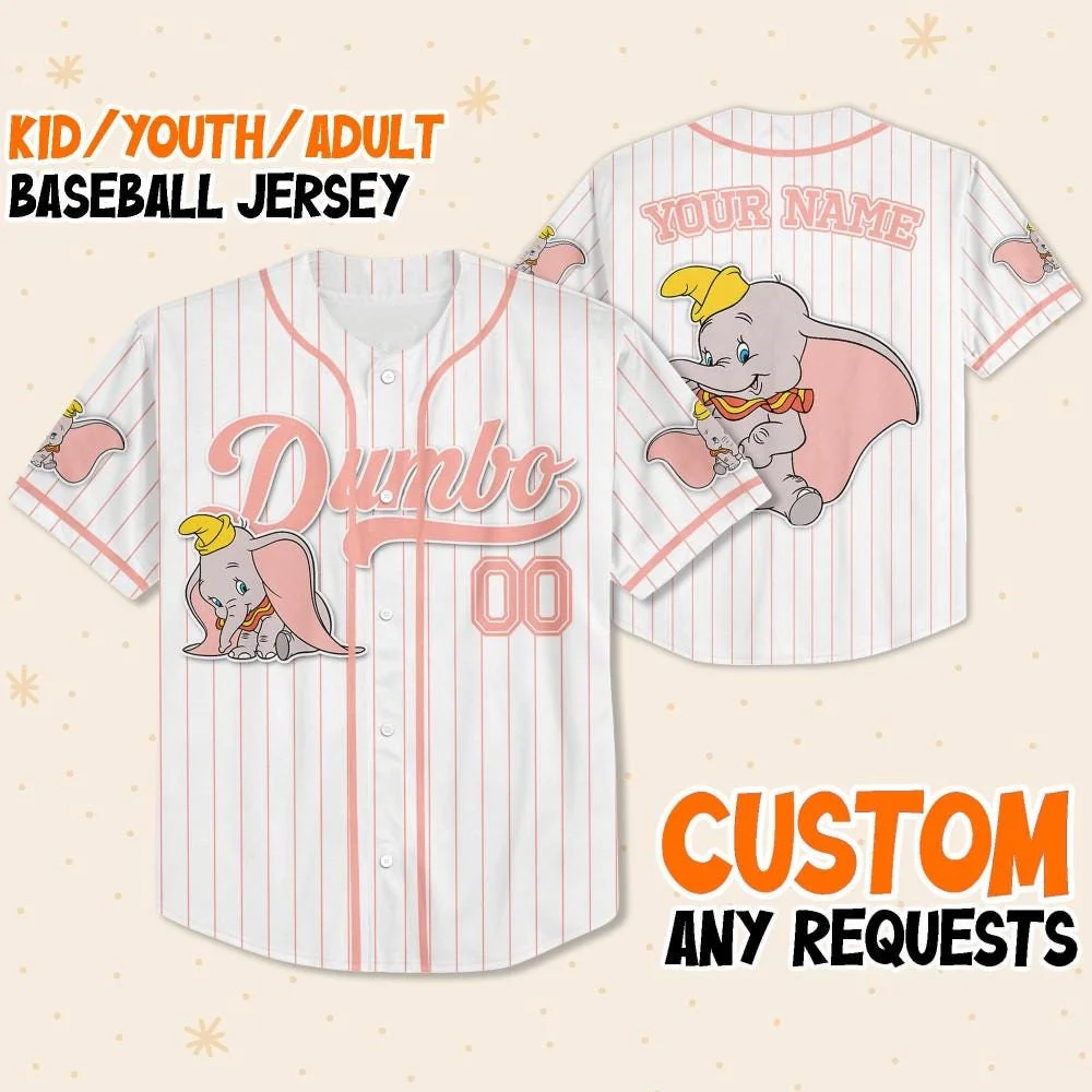 Customized Disney Dumbo baseball uniforms, baseball jerseys for children and adults, gifts for Dumbo lovers, cartoon shirts
