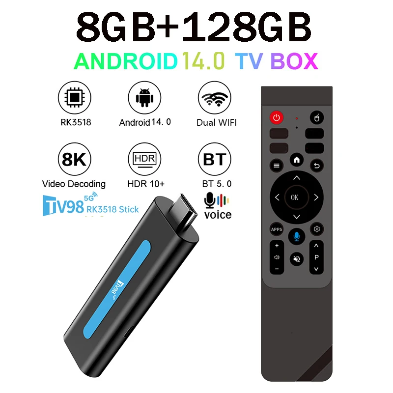 TV98 RK3518 TV Stick 8GB 128GB Real Android 14 RK3518 Quad Core 4G 5G WiFi6 HD 8K 4K Smart Media Player BT5.0 Voice Remote iptv