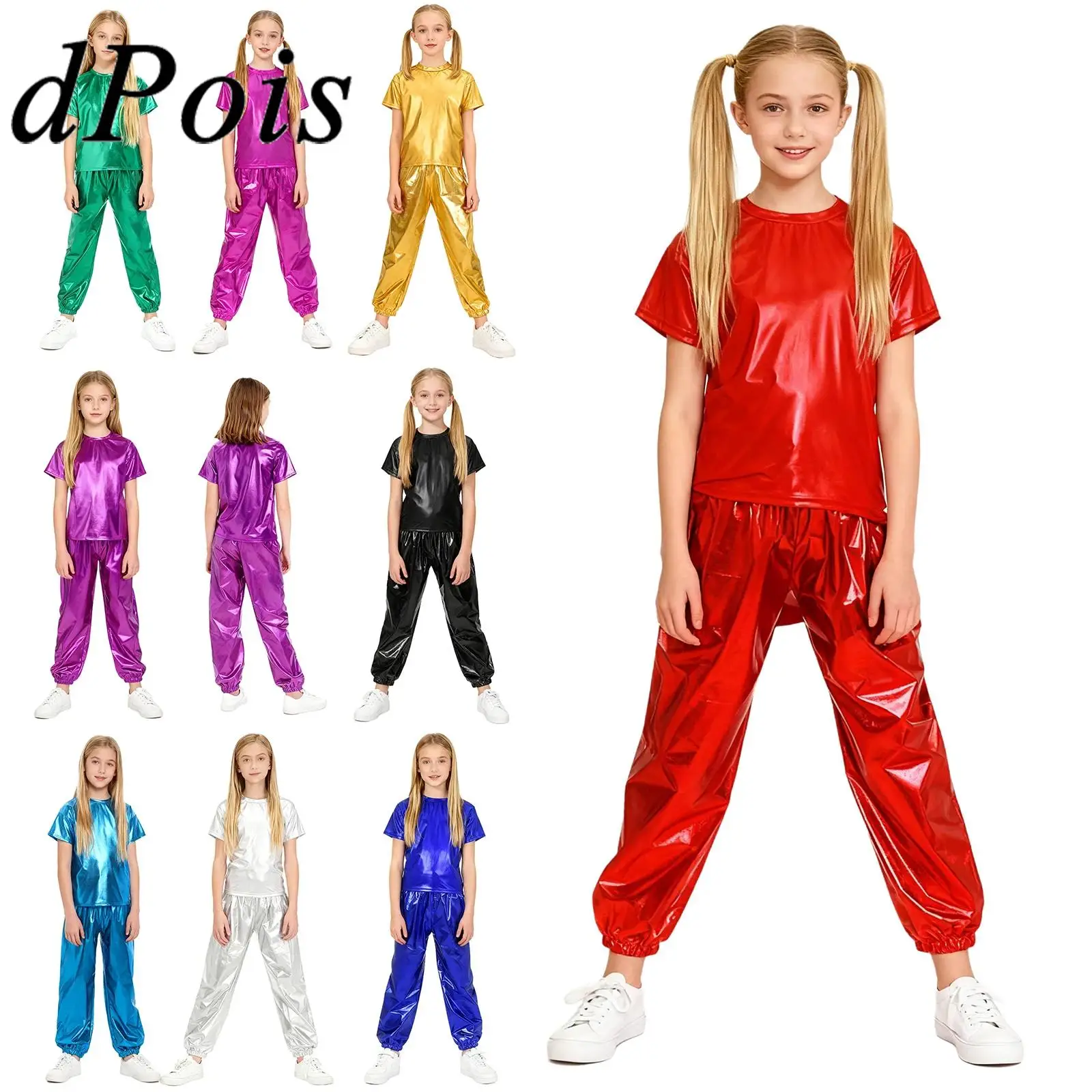 Kids Girls Boys Metallic Dance Party Performance Costume Disco Outfit Short Sleeve T-shirt + Pants Jazz Modern Hip Hop Clothes