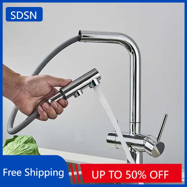 3 Ways Pull Out Filter Kitchen Sink Faucets with Pull Down Hot Cold Kitchen Sink Mixer Tap Brass Pure Water Kitchen Faucet Taps