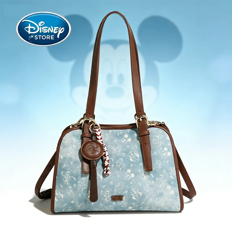Disney Light Blue Women's Denim Shoulder Bag - Large Capacity Retro Floral Print Crossbody Tote For Daily Use
