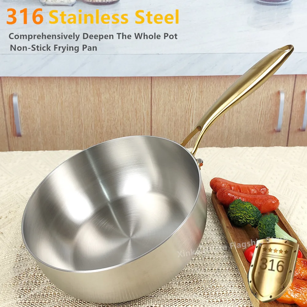 316 Stainless Steel Frying Pan Deepened Uncoated Wok NonStick Skillets Gas Stove Induction Cooker Universal Kitchen Cookware Pan