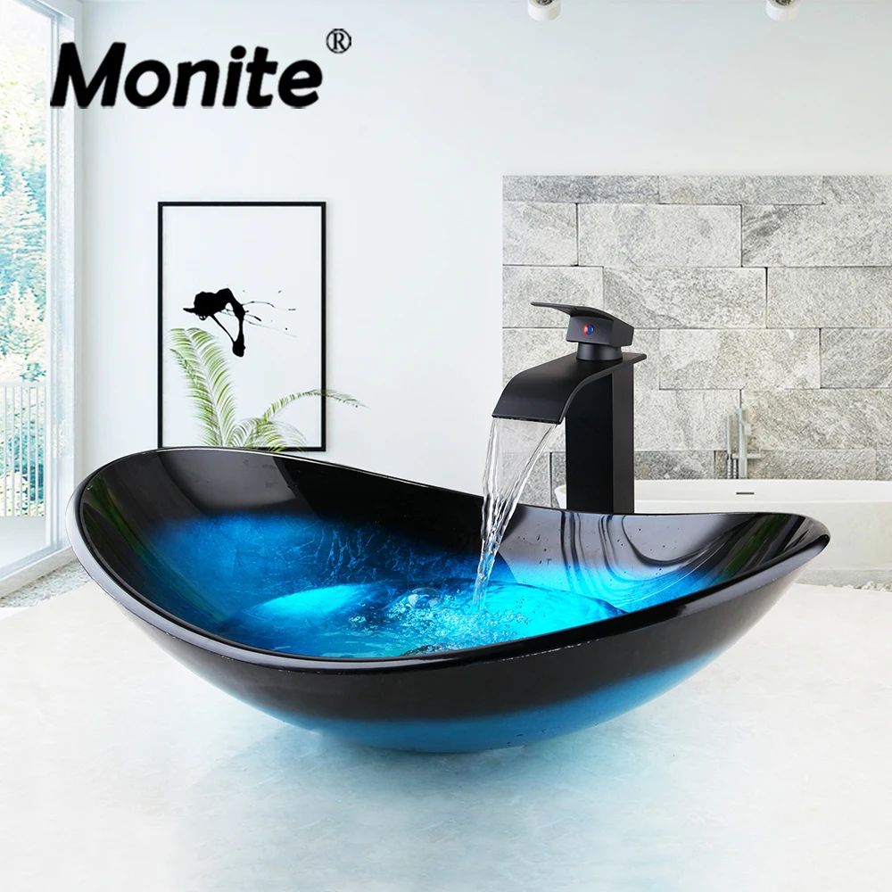 Monite Tempered Glass Bathroom Sink Set Oval Luxury Sinks W/ Black Pop Up Drain Above-counter Blue Washbasin For Hotel Bathroom