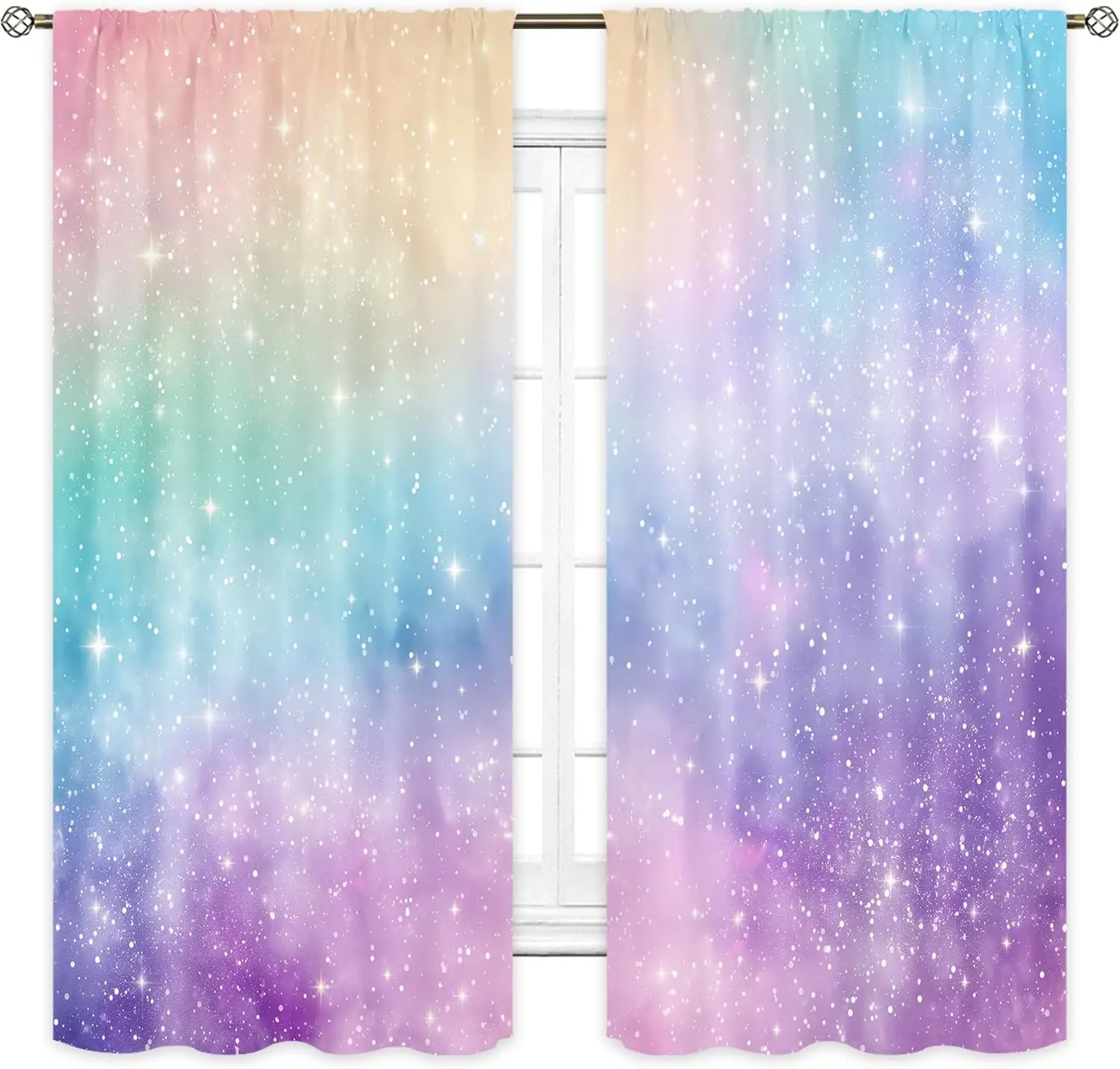 Galaxy Rainbow Curtains for Girls Room, Pastel Sky Cloud Stars Drapes with Rod Pocket, Cute Cartoon Princess Window Panels