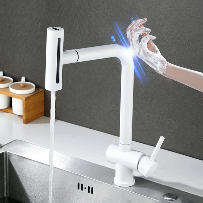 Touch on Waterfall Kitchen Sink Faucets with Pull Down Hot Cold Kitchen Sink Faucet White Sensor Touch Kitchen Sink Mixer Tap