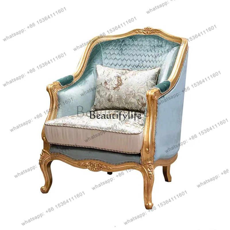 *French court solid wood carving flower fabric sofa single chair American light luxury