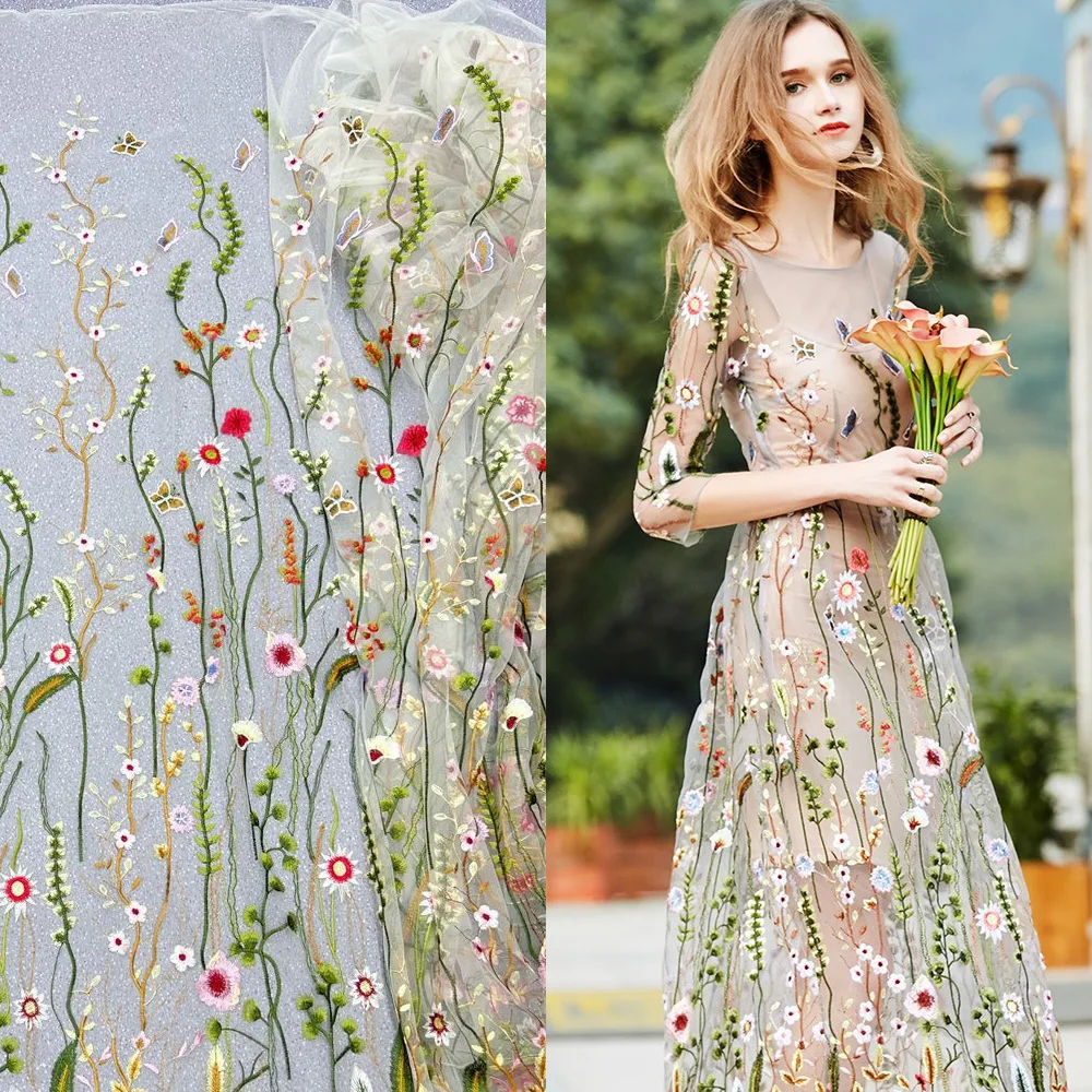 1 Yard Florals Lace Embroidered Printed Net Fabric Black White Soft Mesh DIY Clothes Wedding Dress Tutu Skirt Curtain Crafts