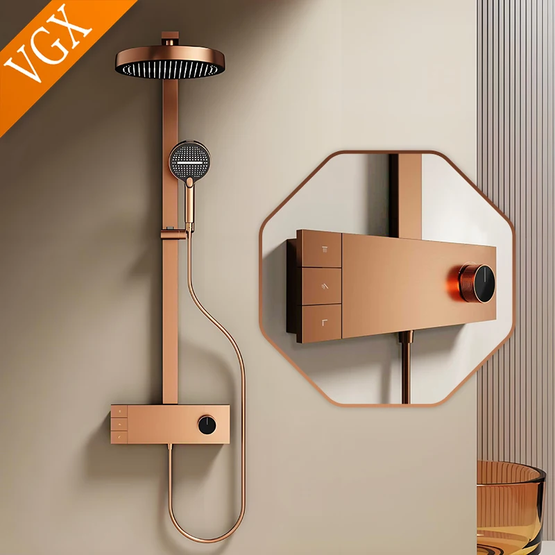 VGX Bathroom Shower System Set Luxury Gold Shower Faucet Set Brass Rainfall Shower Head Set Rose Gold Shower Mixer Crane Set