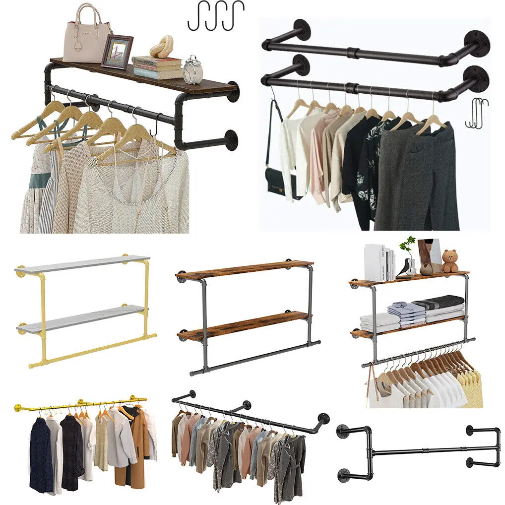 Industrial Pipe Clothing Rack Heavy Duty Detachable Wall Mounted Clothes Rack Black Iron Garment Bar Multi-purpose Hanging