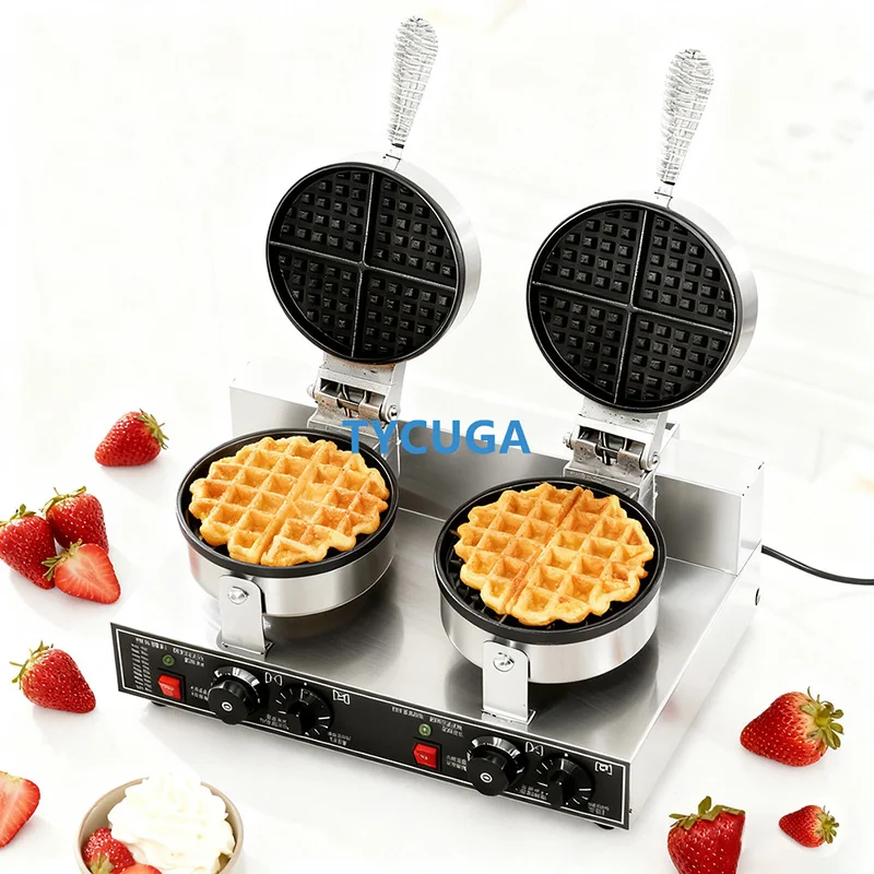 185mm Nonstick Plate Double Head Electric Waffle Maker Cake Baking Machine Round Gofreras Kitchen Home Commercial Appliance Use
