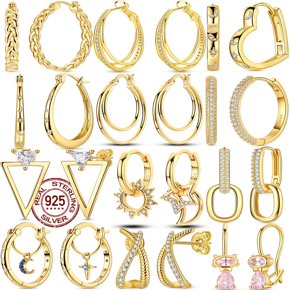 Hot Sale Gold Color Silver 925 Earring For Woman Round Sun Moon Heart Hoop Earring Original Jewelry