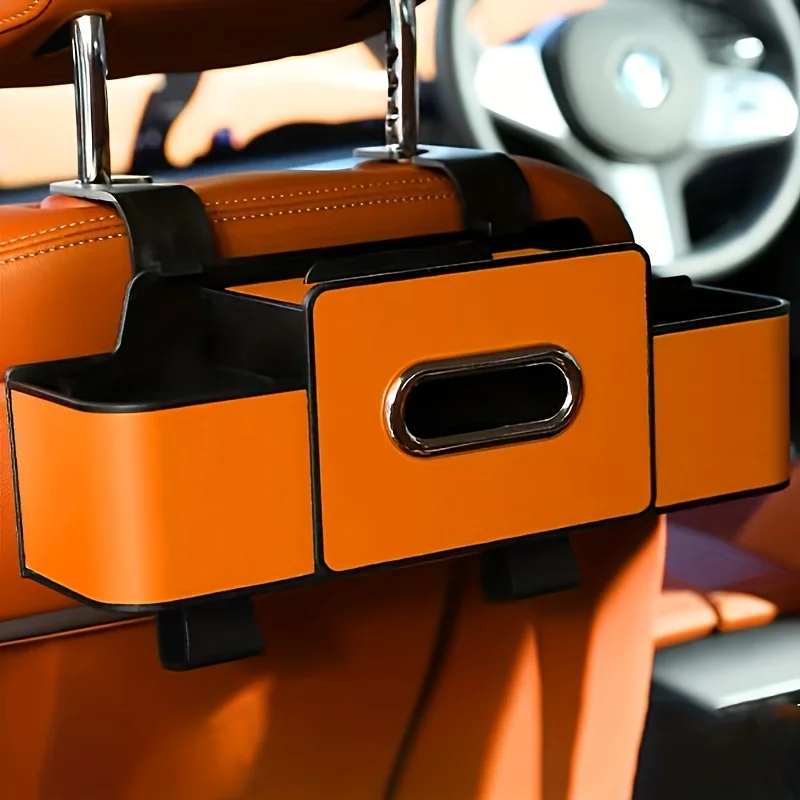 Multifunctional Car Seat Back Storage Box with Tissue Holder 2 Cup Holders & Bags Hooks Non-Woven Car Organizer for Tidy Back