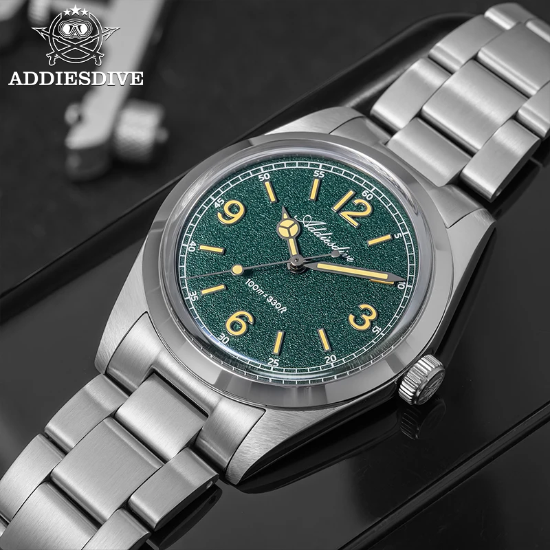 ADDIESDIVE Men's Watch AD2518 Retro Green VH31 Bubble Glass 36mm Quartz Watches Luminous Waterproof 10Bar Stainless Analog Watch