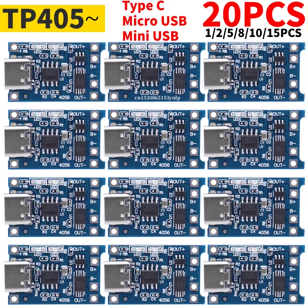20-1PCS Type-c/Micro/Mini USB 5V 1A 18650 TP405~ Lithium Battery Charger Module Charging Board With Protection Dual Functions 1A
