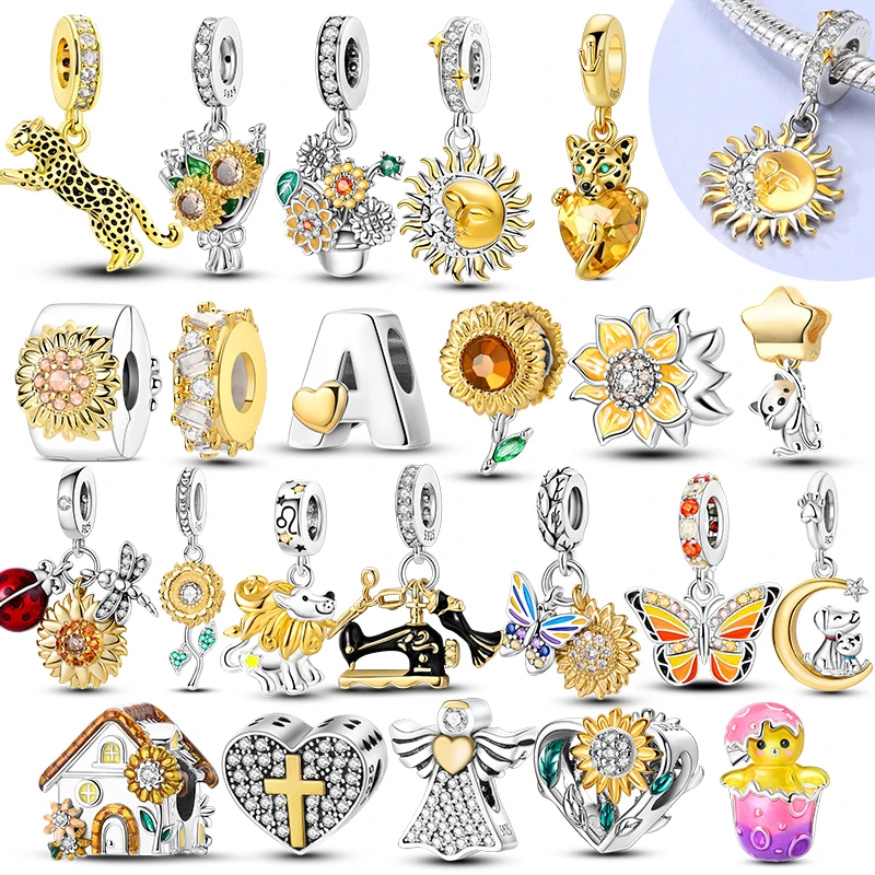 925 Silver Charms Golden Sunflower Lucky Stars Pendant Beads Fit Original Bracelet Necklace Sun Moon Diamond Women Jewelry DIY