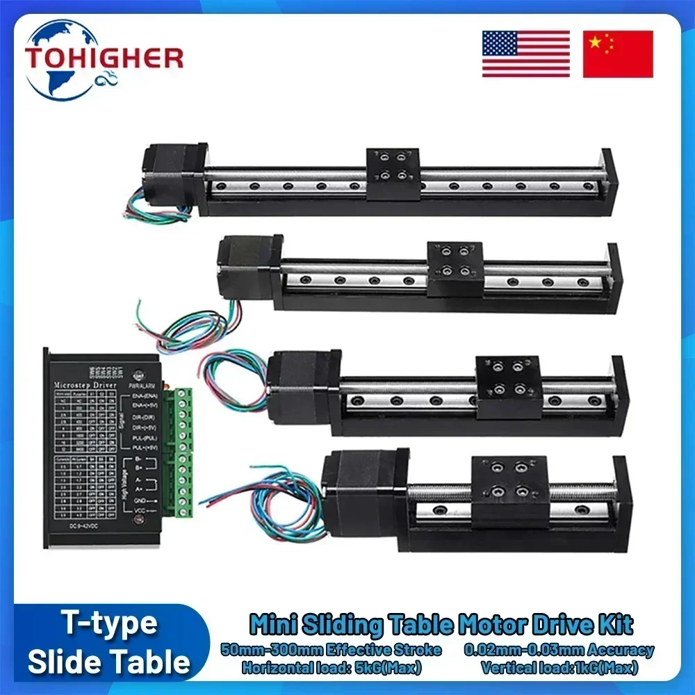 Motorized Slide Table T-type Linear Guide Rail Stage Mini Sliding Table Motor Drive Kit Electric Linear Module Z Axis 50-300mm