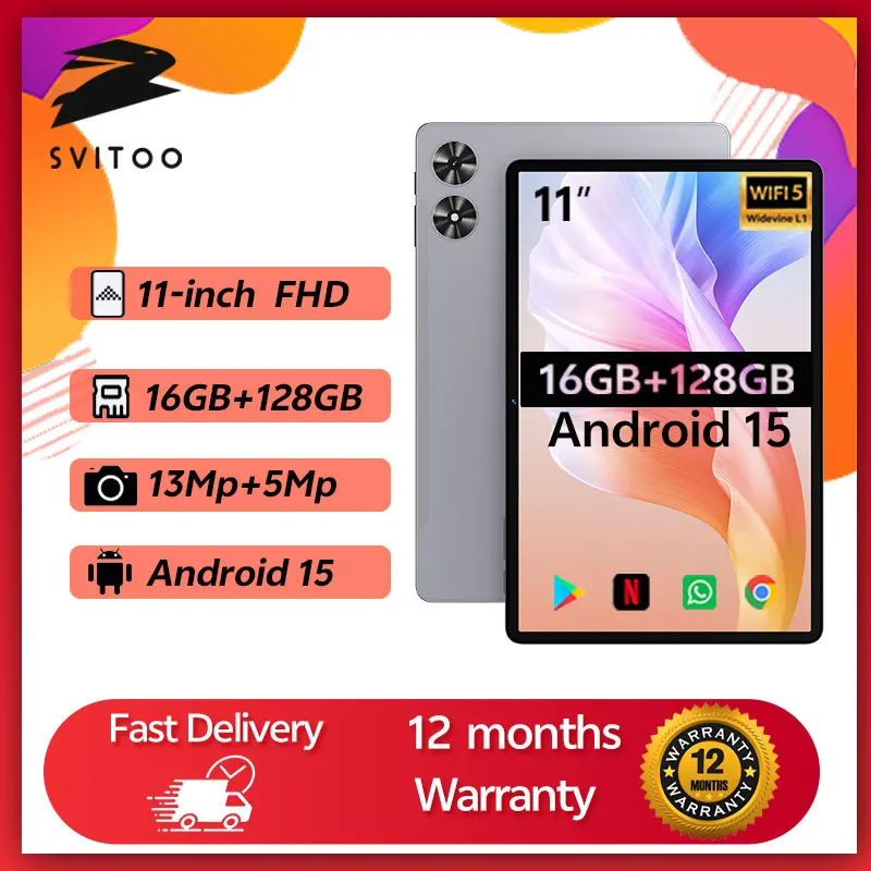 SVITOO P11 Tablet Android 15 2025 11 Inch Unisoc T606 16GB RAM 128GB ROM 8000mAh Battery Widevine L1 Optional With Case Keyboard