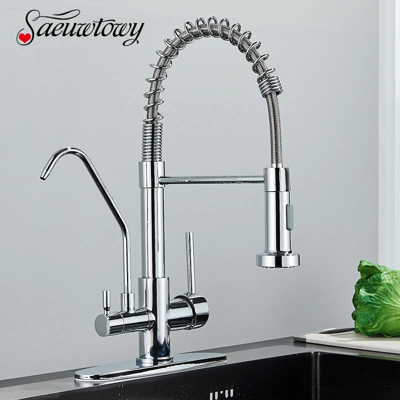 Modern Chrome Kitchen Faucet Rotatble Filter Pure Water Device Hot And Cold Water Mixer Spring Kitchen Tap Deck Installation