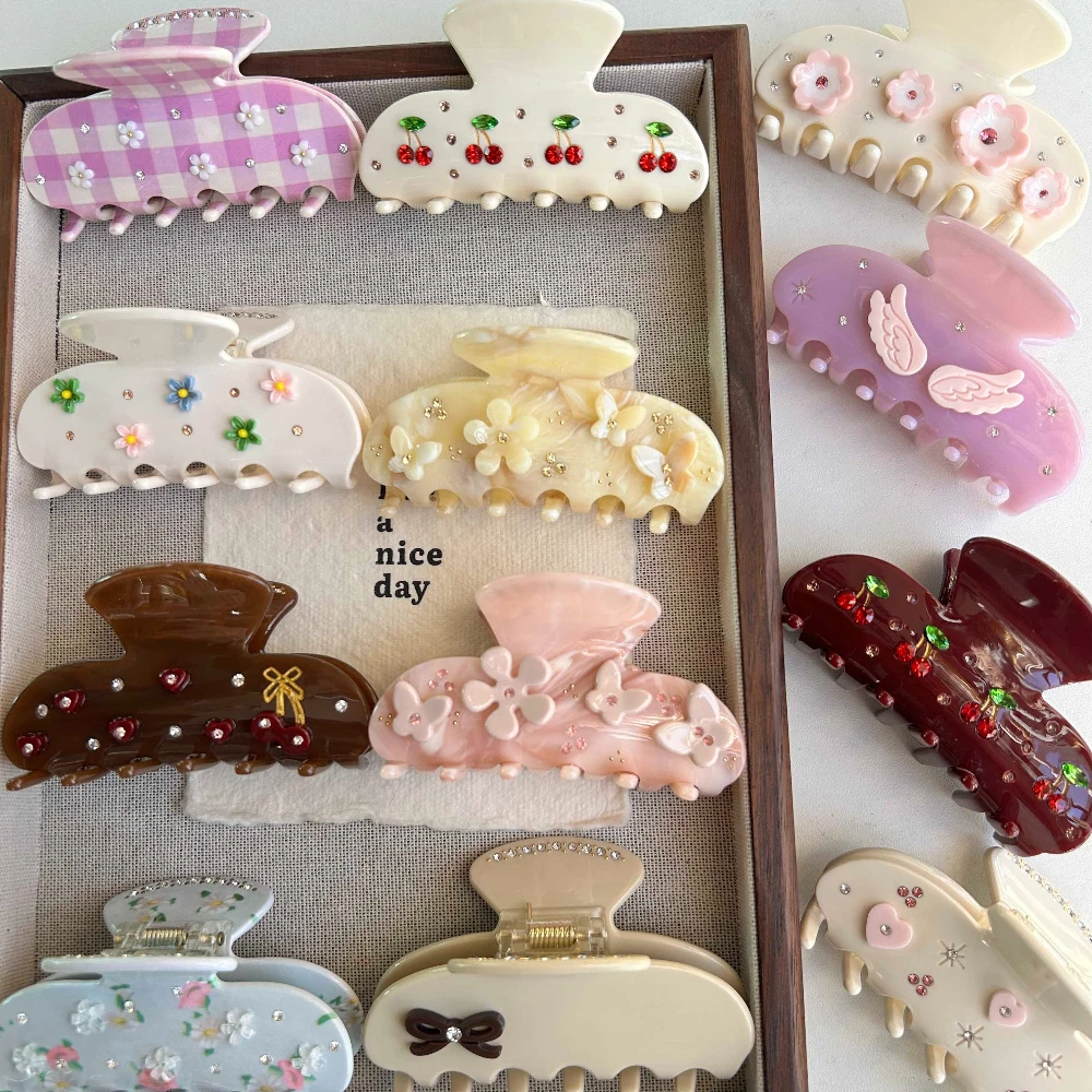 Cute Bow Hair Clip for Women Girls Acetate Rhinestone Fruits Floral Hairpin Pearl Hair Claws Shark Clip Trendy Hair Accessories