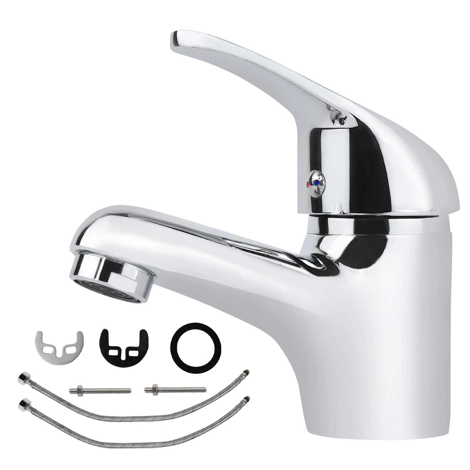 Single Lever Basin Mixer Tap - Chrome & Brass Round Monobloc Sink Faucet with Pop-Up Waste, 2 Hoses & Free Fixings for Bathroom