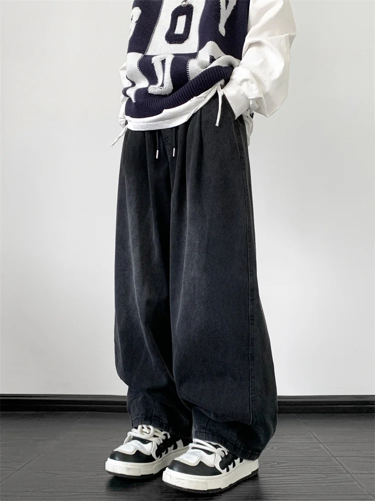 Retro Waed Wide Leg Men's Jeans Casual Straight Loose Fit Long Trousers Trendy Autumn Faion for Teenagers