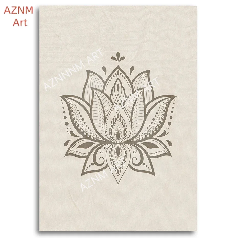 Beige Bohemian Mandala Canvas Painting Wall Art Lotus Abstract Flower Pictures Poster Print Minimalist Yoga Home Decoration