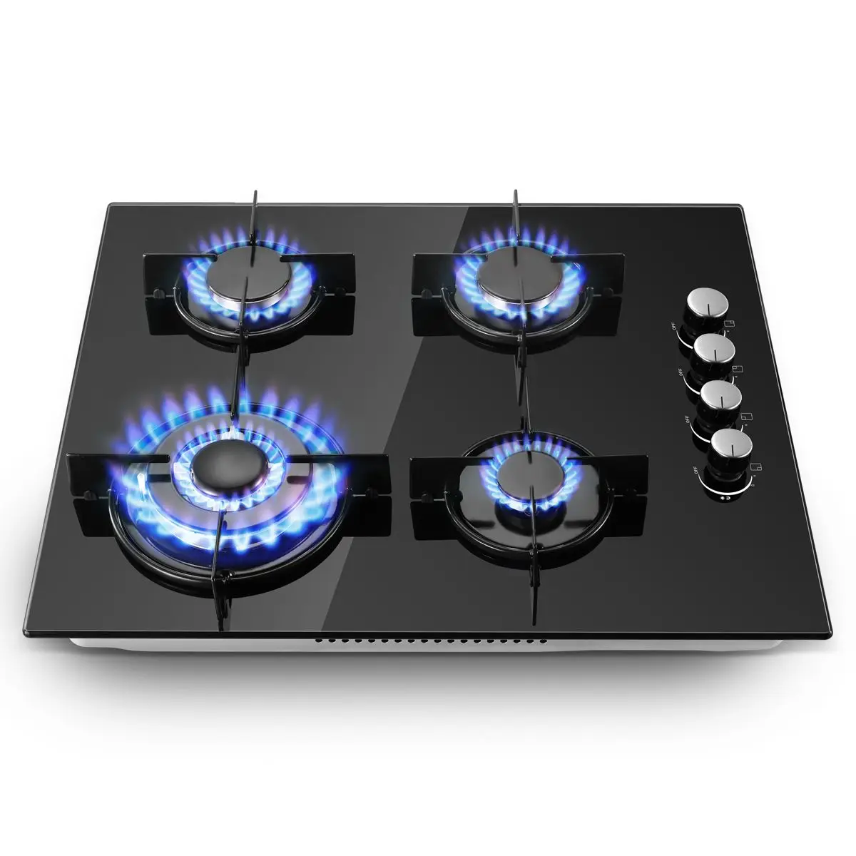 60cm 4 Burner Gas Hob | Wok Burner & 8000W High Power | Dual Fuel NG/LPG with Flame Failure Protection | Built-in Black Glass