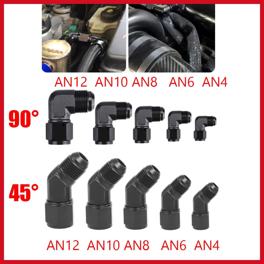 Oil Fuel Fittings Anodized Aluminum Adapter 45/90 Degree Female AN3 ~AN16 Swivel Adaptors To Male Black