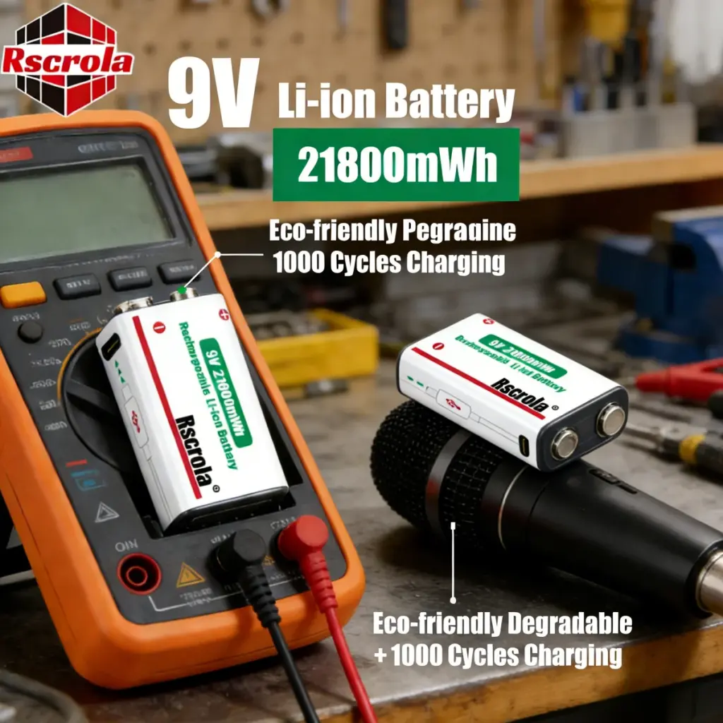 Rscrola Rechargeable 9V Li-ion Battery 21800mWh Fast USB Charging for Multimeter/Microphone/Guitar Effects Pedal Long Lasting