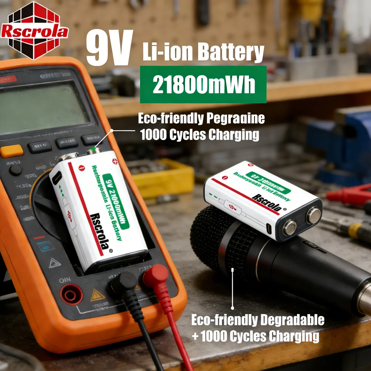 Rscrola Rechargeable 9V Li-ion Battery 21800mWh Fast USB Charging for Multimeter/Microphone/Guitar Effects Pedal Long Lasting