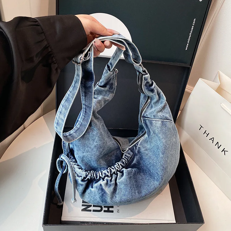 Korean Hobo Bags Women Comfortable and Versatile Texture Crossbody Bags Denim Storage Bags Casual Trendy Simple Shoulder Bag