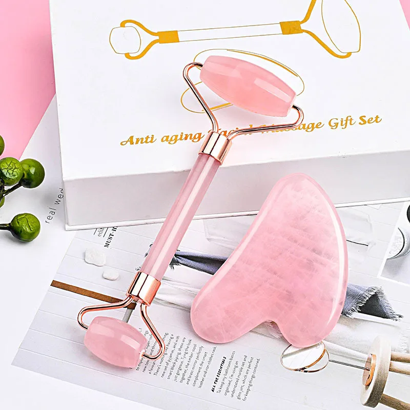 Luxury Natural Jade Roller and Gua Sha Set - Pink Rose Quartz Facial Massager for Skin Care, Perfect Beauty Gift