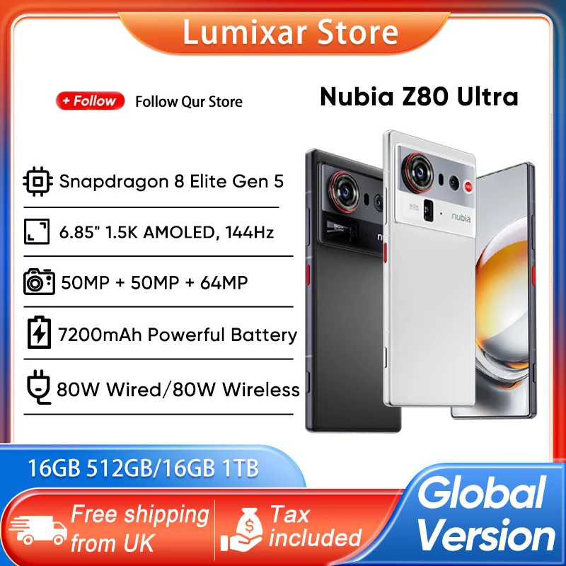 Nubia Z80 Ultra 5G Global Version Smartphone Snapdragon 8 Elite Gen 5 6.85" OLED 144Hz 7200Mah 80W Fast Charging 50MP Camera