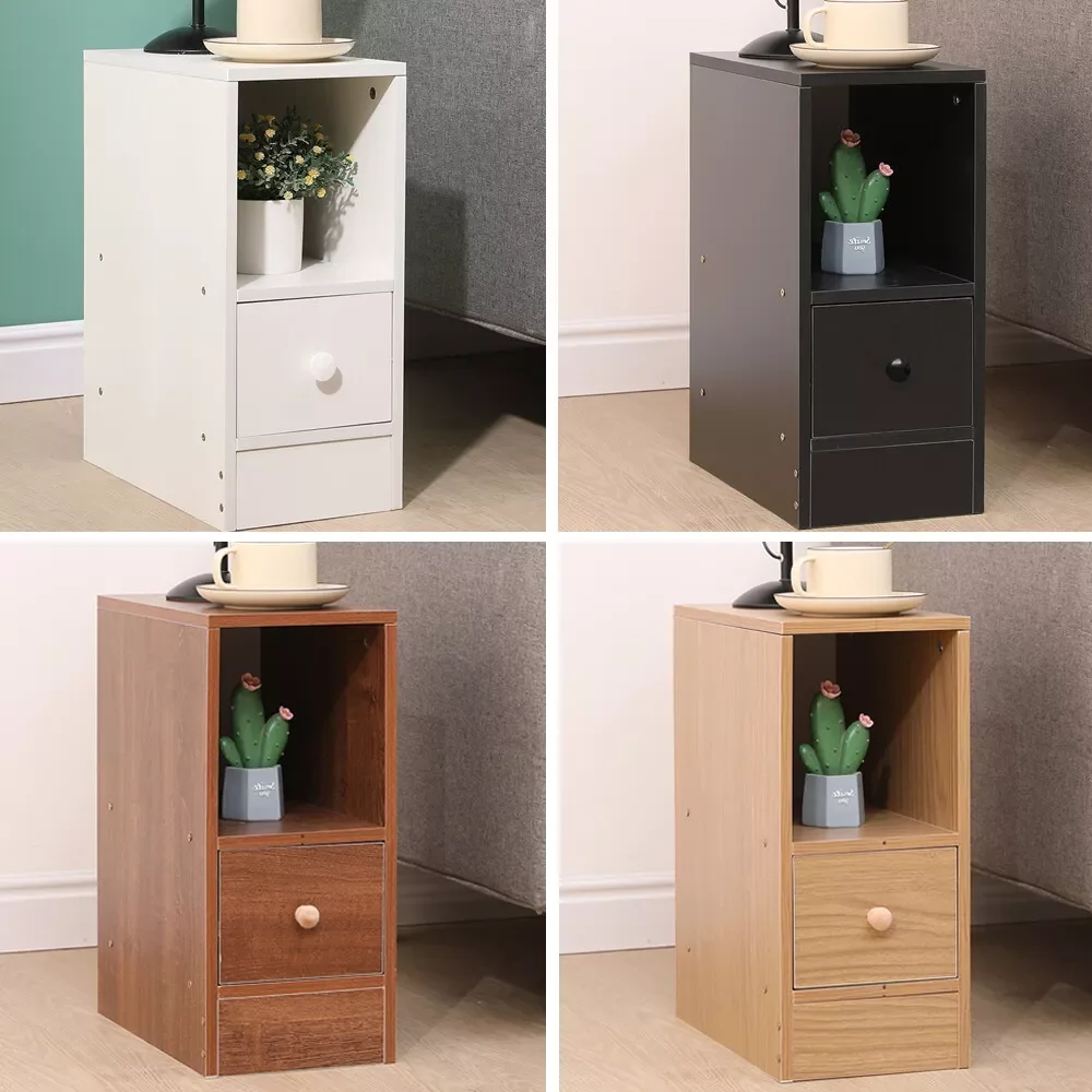 BonChoice Slim Tall Bedside Table Cabinet with Drawer & Storage Space for Bedroom, Narrow Sofa Side Table End Table