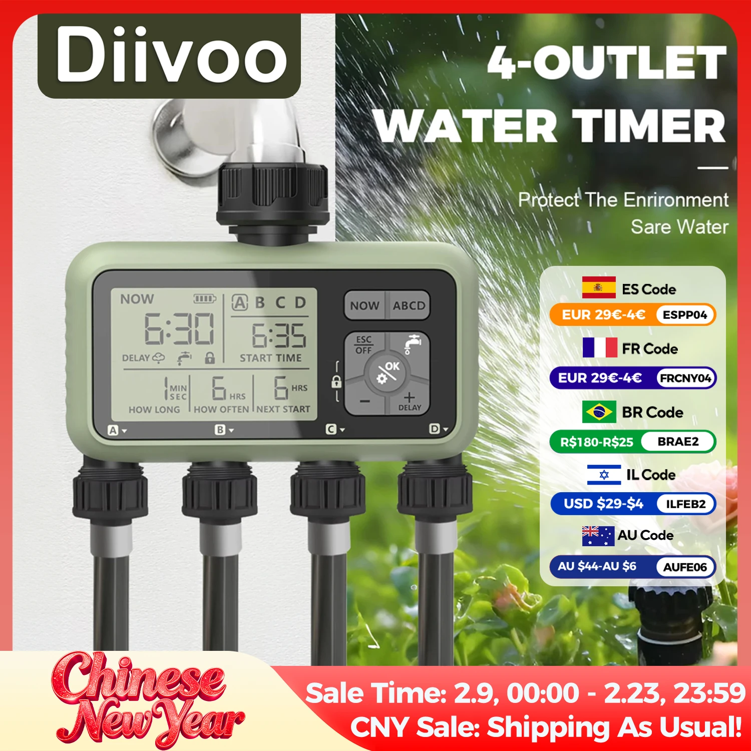 Diivoo Water Timer 4 Zone Garden Programmable Automatic Irrigation Timer with Rain Delay Manual/Auto Mode Watering for Lawn Yard