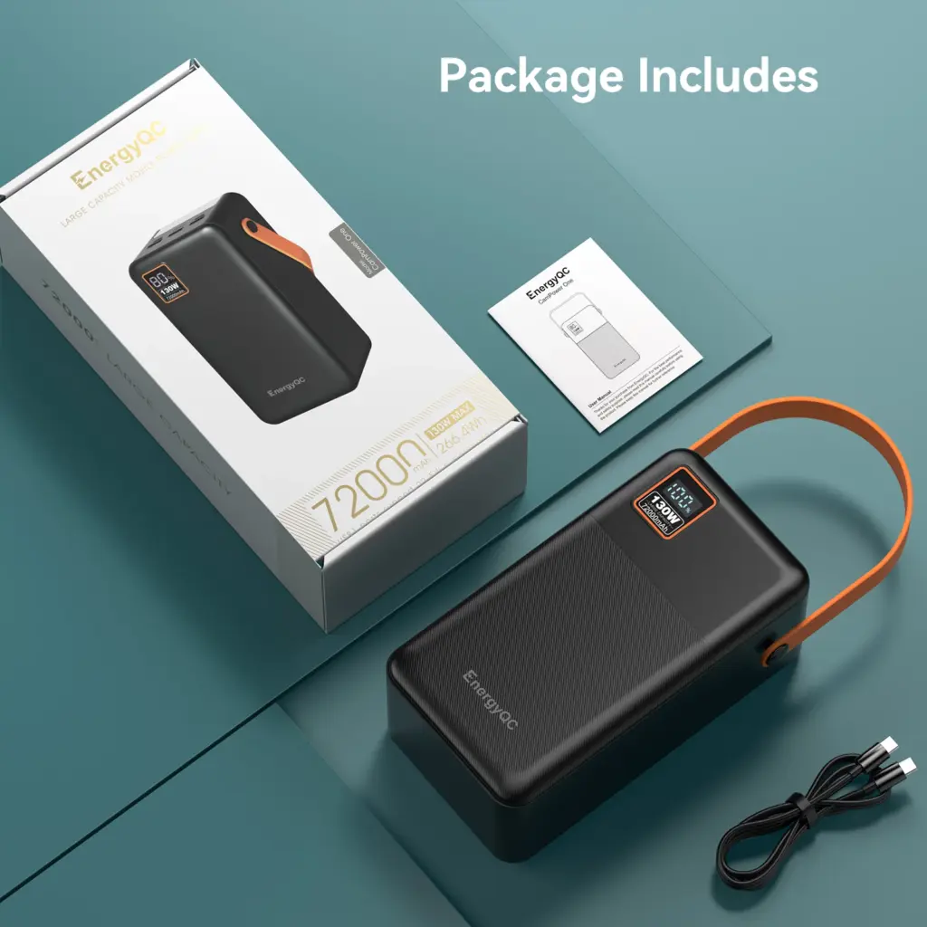 EnergyQC Power Bank 72000mah 130W Portable Fast Universal Phone Charger PD 100W LCD Display