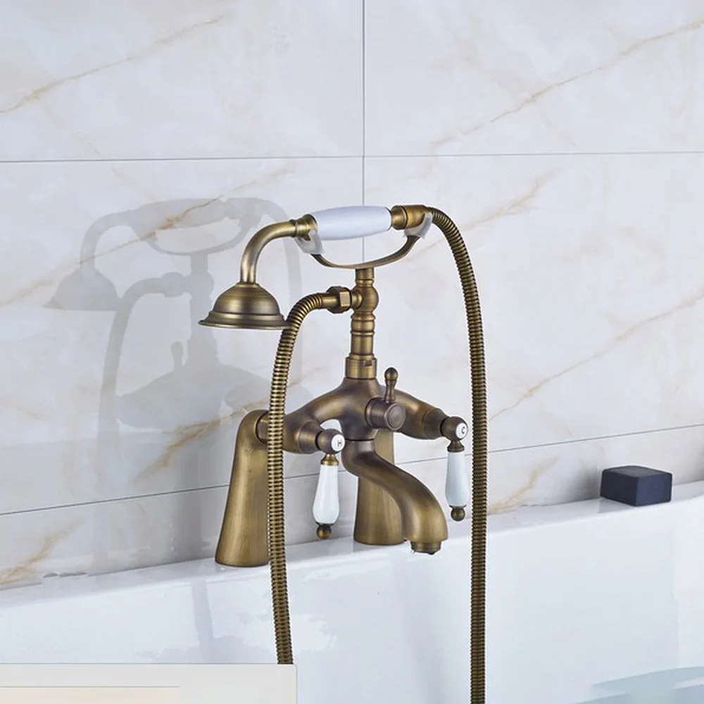 Bathtub Faucets Antique Brass Shower Faucets Dual Handle Deck Mounted Bath And Shower Faucet With Handheld Showers zan008