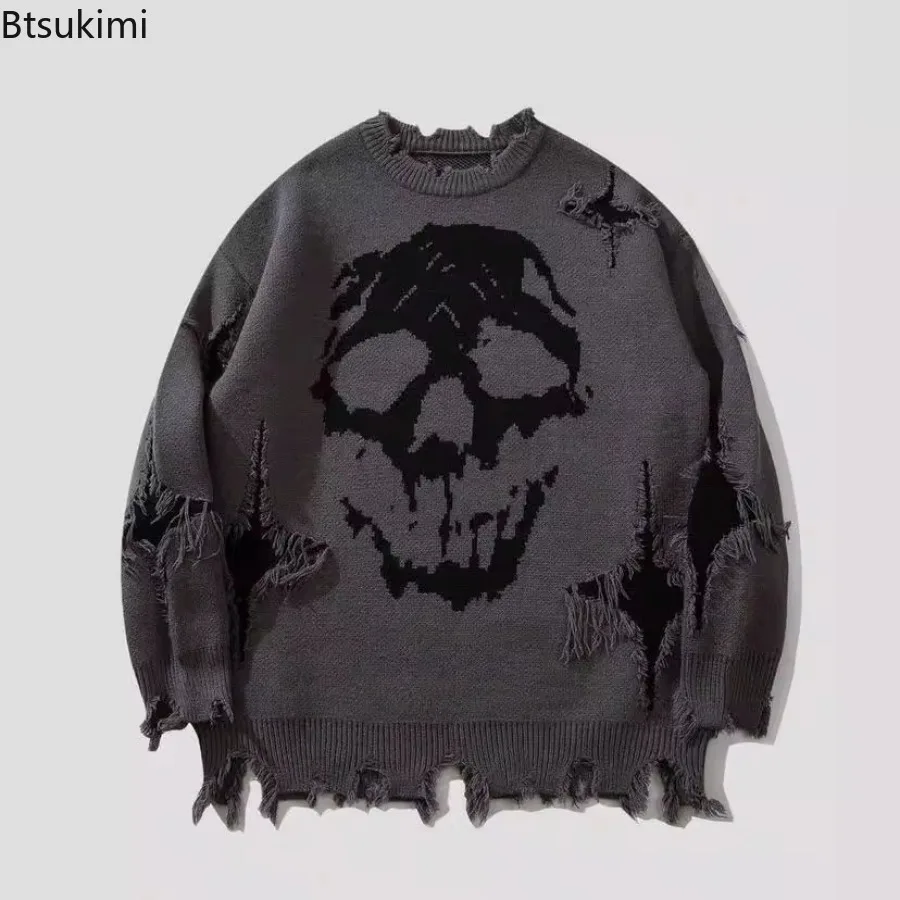 Autumn Winter Men /Women's Hip Hop Knitted Sweater Skull Pattern Printed Jacquard Hole Loose Pullover Tops Casual Sweaters Men